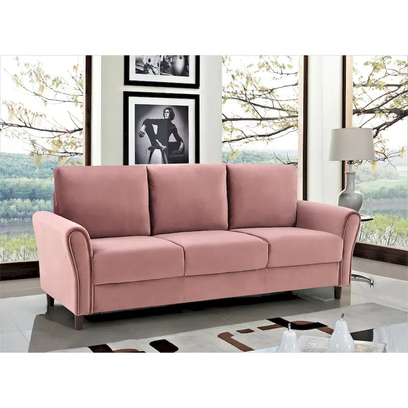 Classic Fabric Upholstered 3-Seater Sofa with Rounded Arms Grey Blue Pink Cream