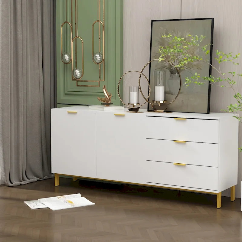 Mid-Century Modern Black Storage Cabinet with Gold Legs 3 Drawers 2 Doors