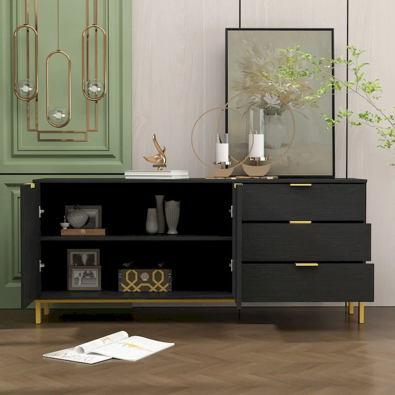 Mid-Century Modern Black Storage Cabinet with Gold Legs 3 Drawers 2 Doors
