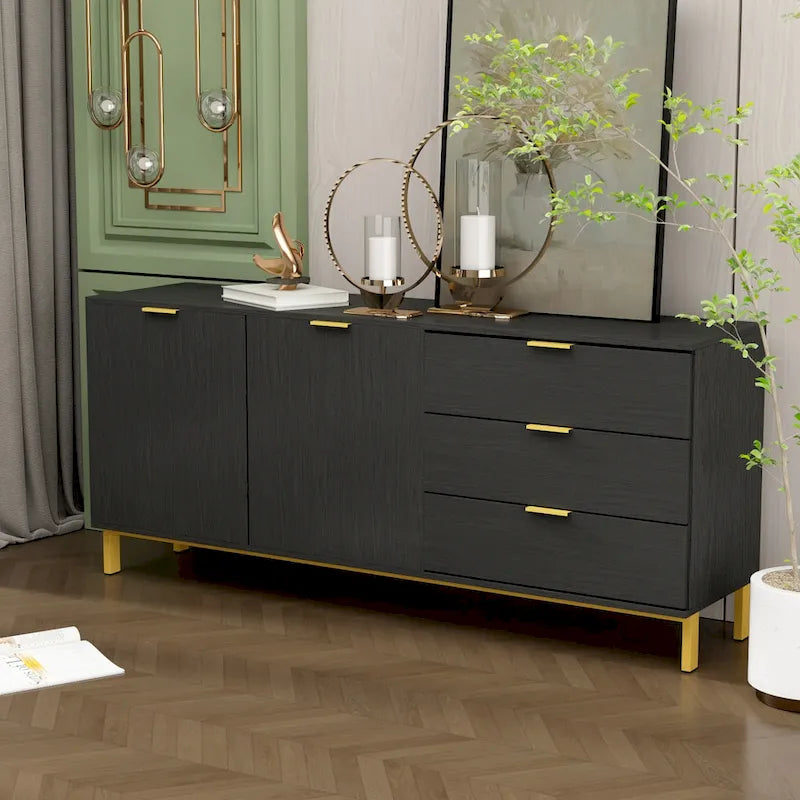 Mid-Century Modern Black Storage Cabinet with Gold Legs 3 Drawers 2 Doors