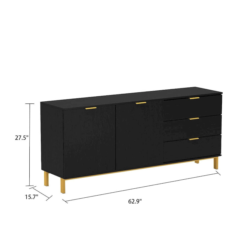 Meuble de rangement noir de style Mid-Century avec pieds dorés, 3 tiroirs et 2 portes
