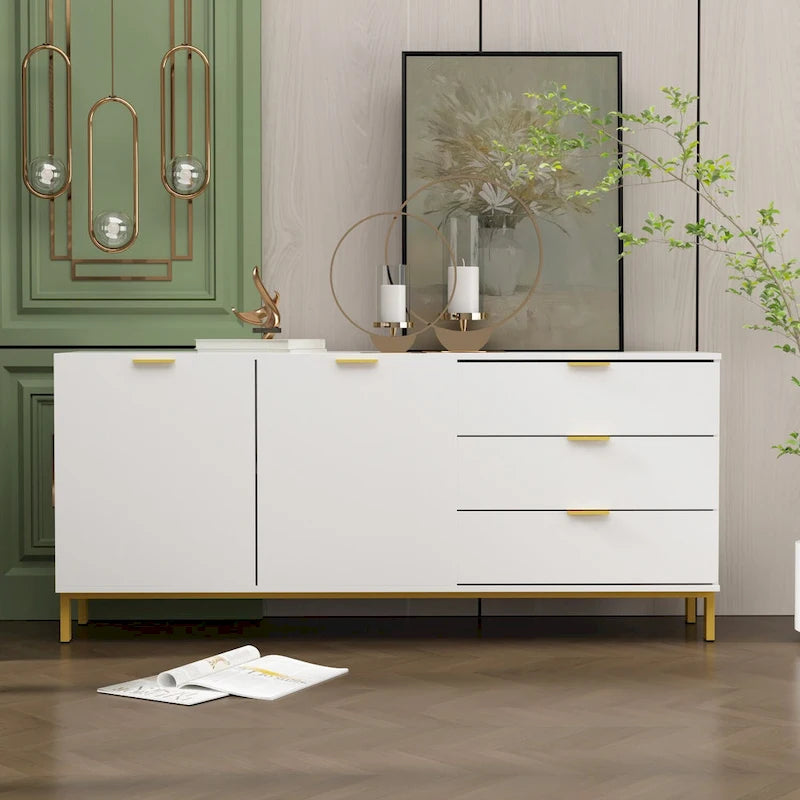 Mid-Century Modern Black Storage Cabinet with Gold Legs 3 Drawers 2 Doors
