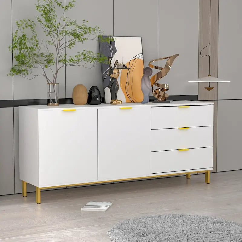 Meuble de rangement noir de style Mid-Century avec pieds dorés, 3 tiroirs et 2 portes