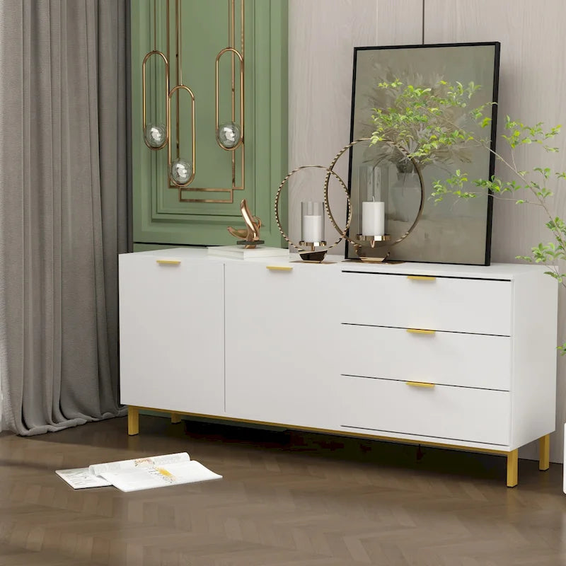 Meuble de rangement noir de style Mid-Century avec pieds dorés, 3 tiroirs et 2 portes