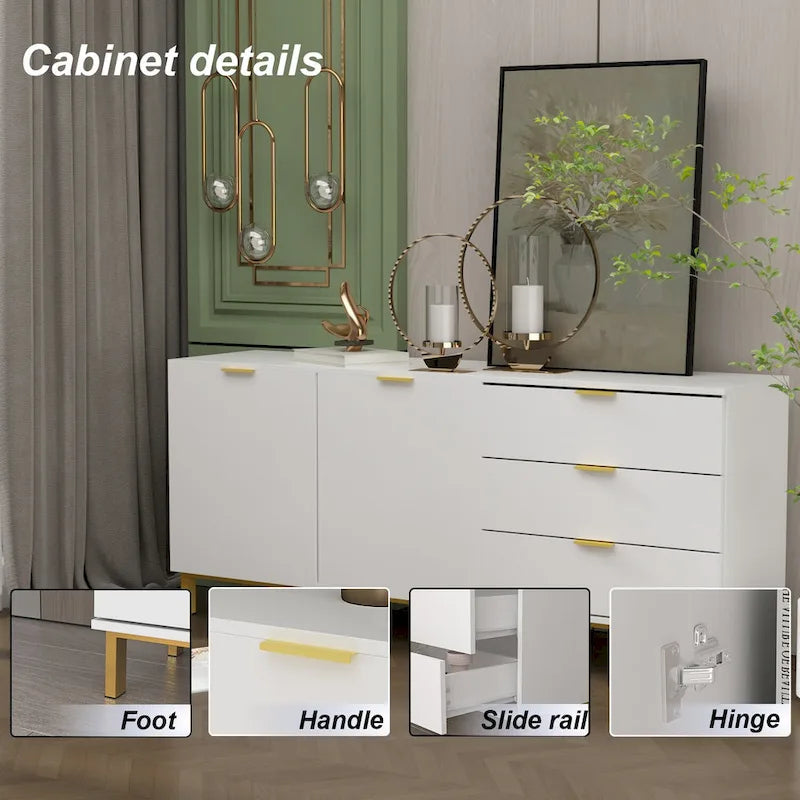 Meuble de rangement noir de style Mid-Century avec pieds dorés, 3 tiroirs et 2 portes