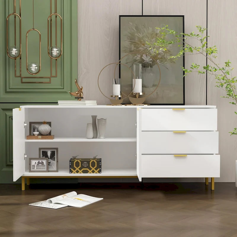 Meuble de rangement noir de style Mid-Century avec pieds dorés, 3 tiroirs et 2 portes