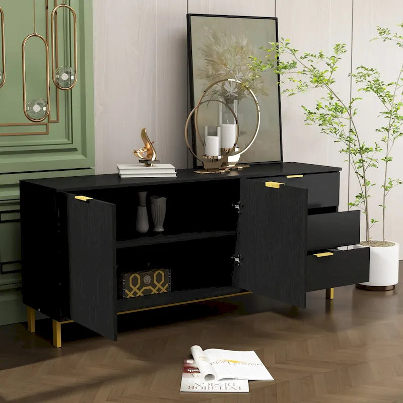 Meuble de rangement noir de style Mid-Century avec pieds dorés, 3 tiroirs et 2 portes