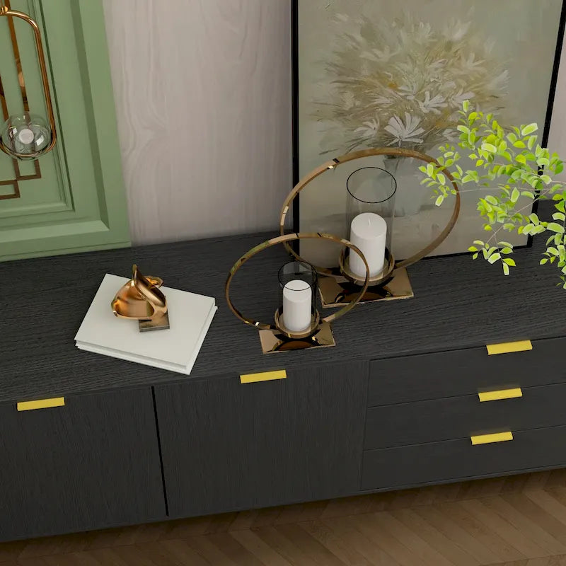 Meuble de rangement noir de style Mid-Century avec pieds dorés, 3 tiroirs et 2 portes