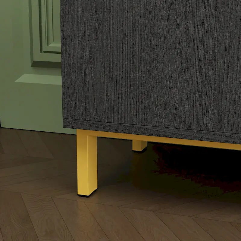 Meuble de rangement noir de style Mid-Century avec pieds dorés, 3 tiroirs et 2 portes