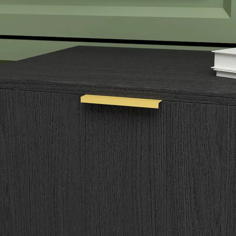 Meuble de rangement noir de style Mid-Century avec pieds dorés, 3 tiroirs et 2 portes
