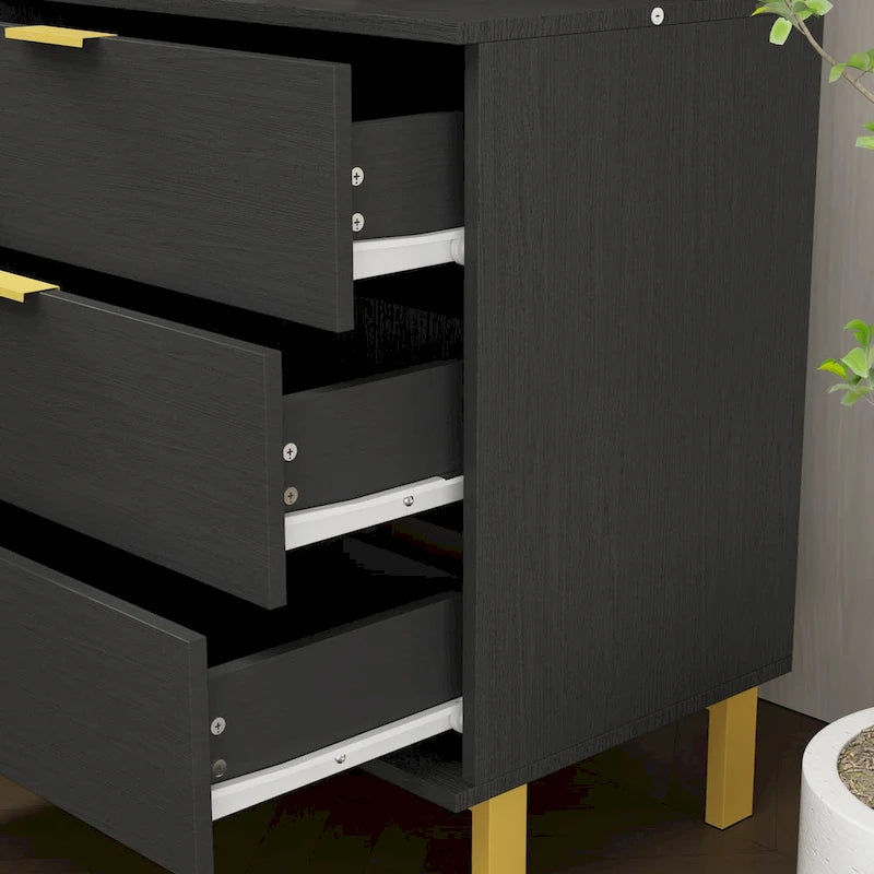 Meuble de rangement noir de style Mid-Century avec pieds dorés, 3 tiroirs et 2 portes