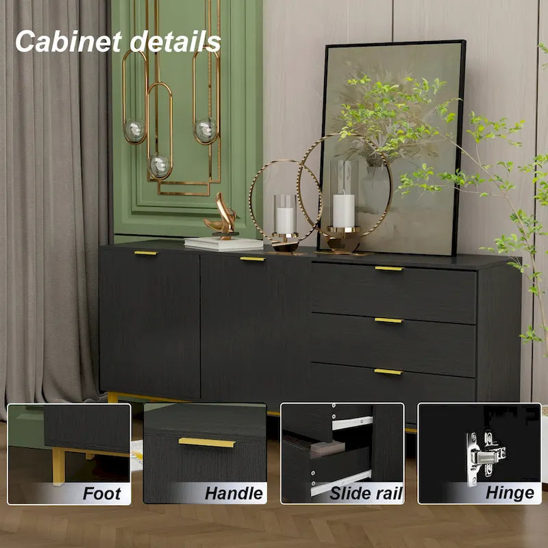 Meuble de rangement noir de style Mid-Century avec pieds dorés, 3 tiroirs et 2 portes