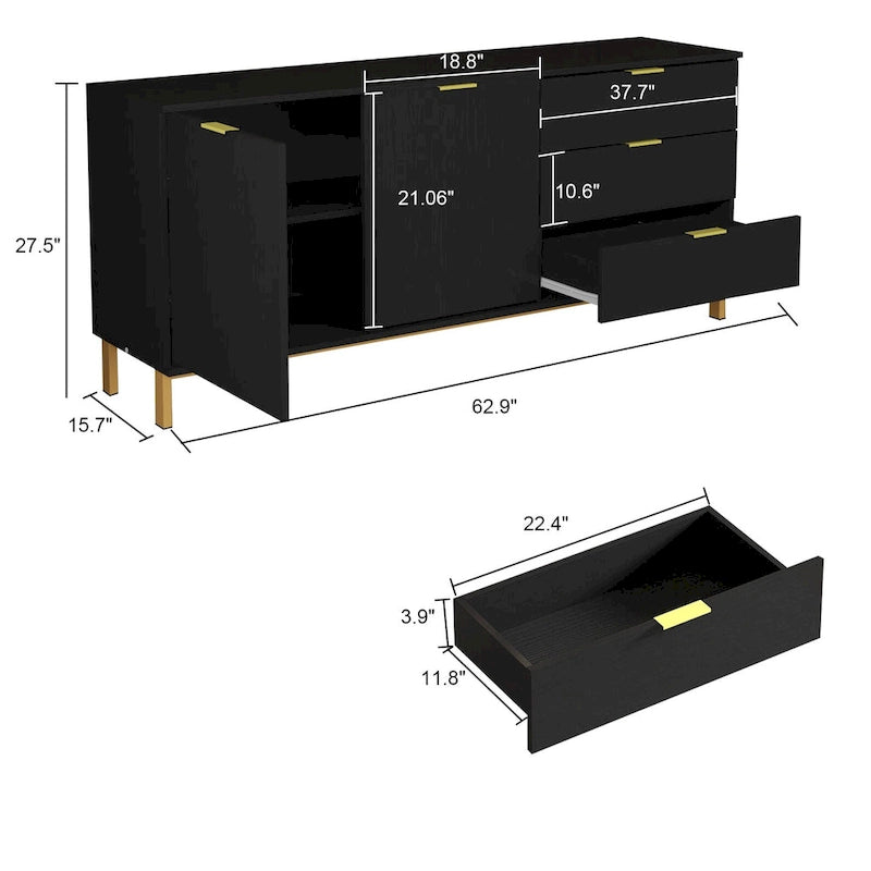 Meuble de rangement noir de style Mid-Century avec pieds dorés, 3 tiroirs et 2 portes