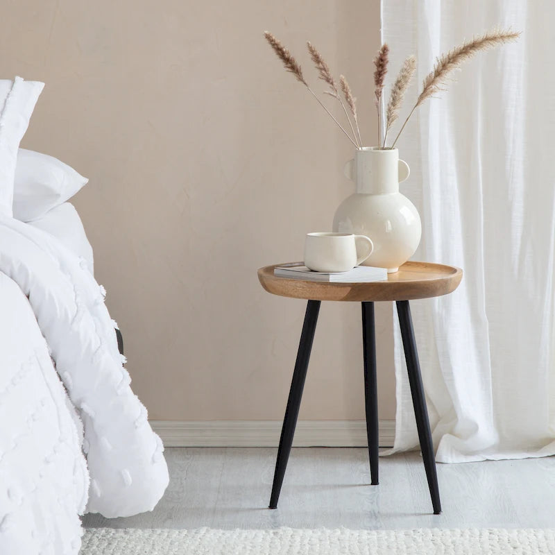 Round Solid Mango Wood Side Table with Black Metal Tapered Legs, Natural