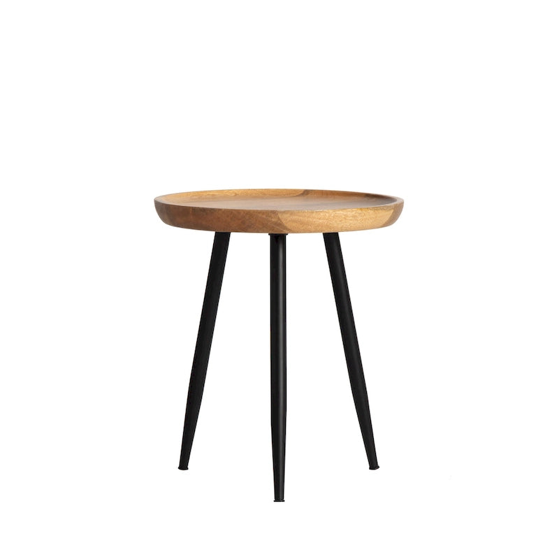 Round Solid Mango Wood Side Table with Black Metal Tapered Legs, Natural