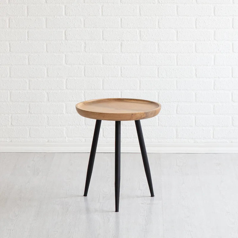 Round Solid Mango Wood Side Table with Black Metal Tapered Legs, Natural