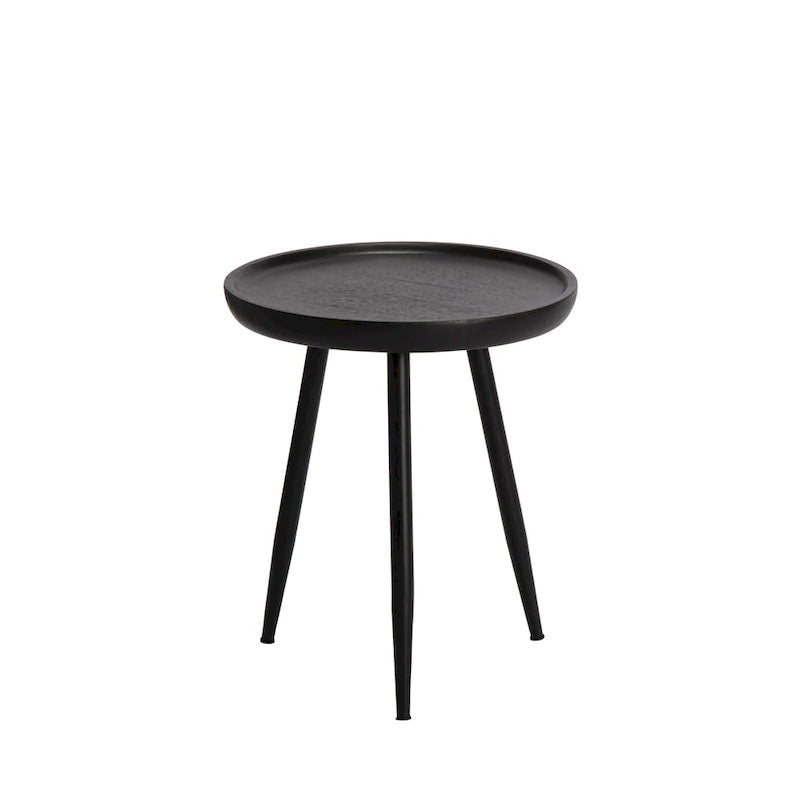 Table d'appoint ronde en manguier massif avec pieds coniques en métal noir, couleur naturelle