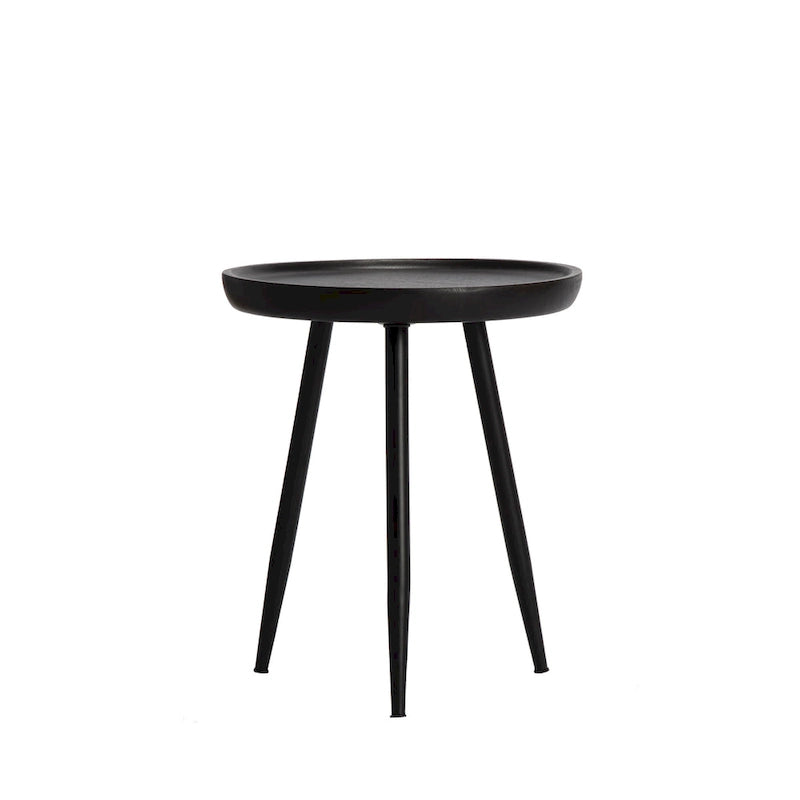 Table d'appoint ronde en manguier massif avec pieds coniques en métal noir, couleur naturelle
