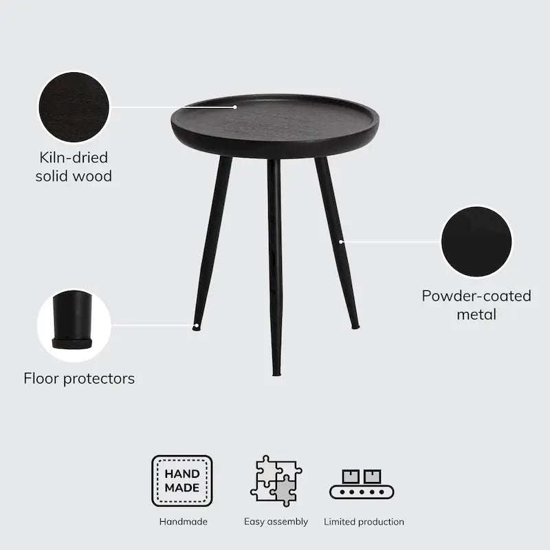 Table d'appoint ronde en manguier massif avec pieds coniques en métal noir, couleur naturelle