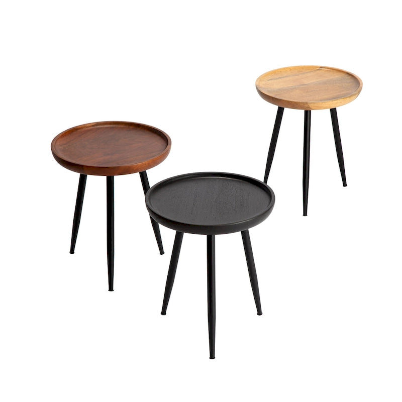 Table d'appoint ronde en manguier massif avec pieds coniques en métal noir, couleur naturelle