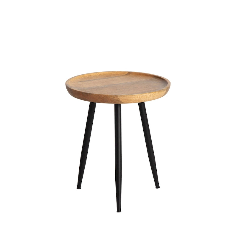 Table d'appoint ronde en manguier massif avec pieds coniques en métal noir, couleur naturelle