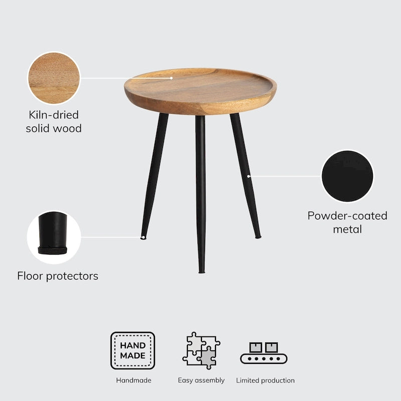 Table d'appoint ronde en manguier massif avec pieds coniques en métal noir, couleur naturelle
