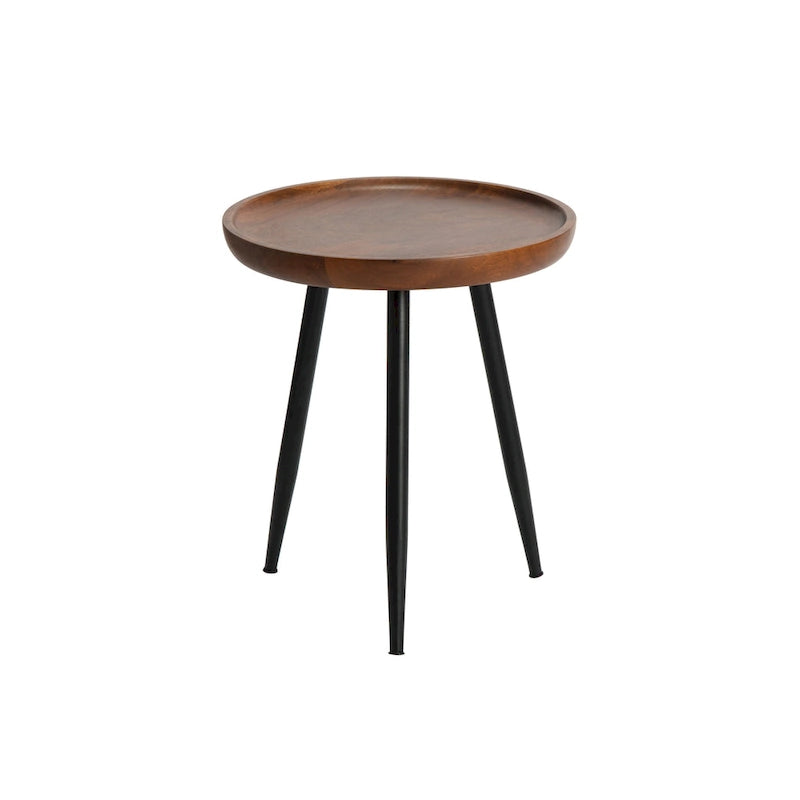 Table d'appoint ronde en manguier massif avec pieds coniques en métal noir, couleur naturelle