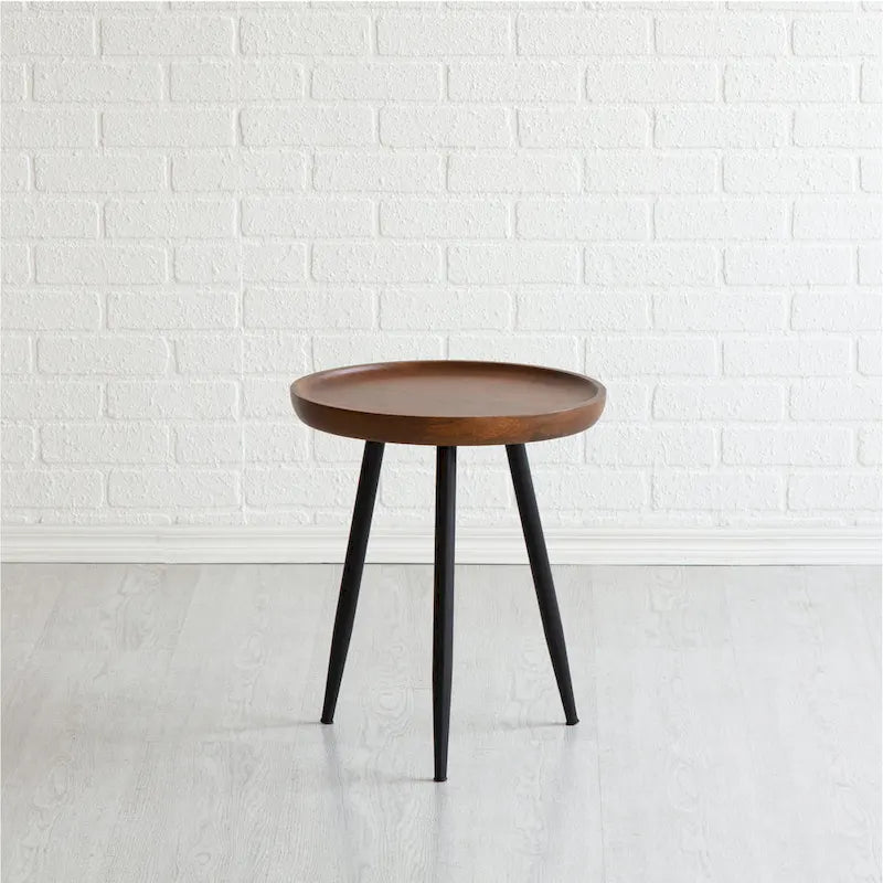 Table d'appoint ronde en manguier massif avec pieds coniques en métal noir, couleur naturelle