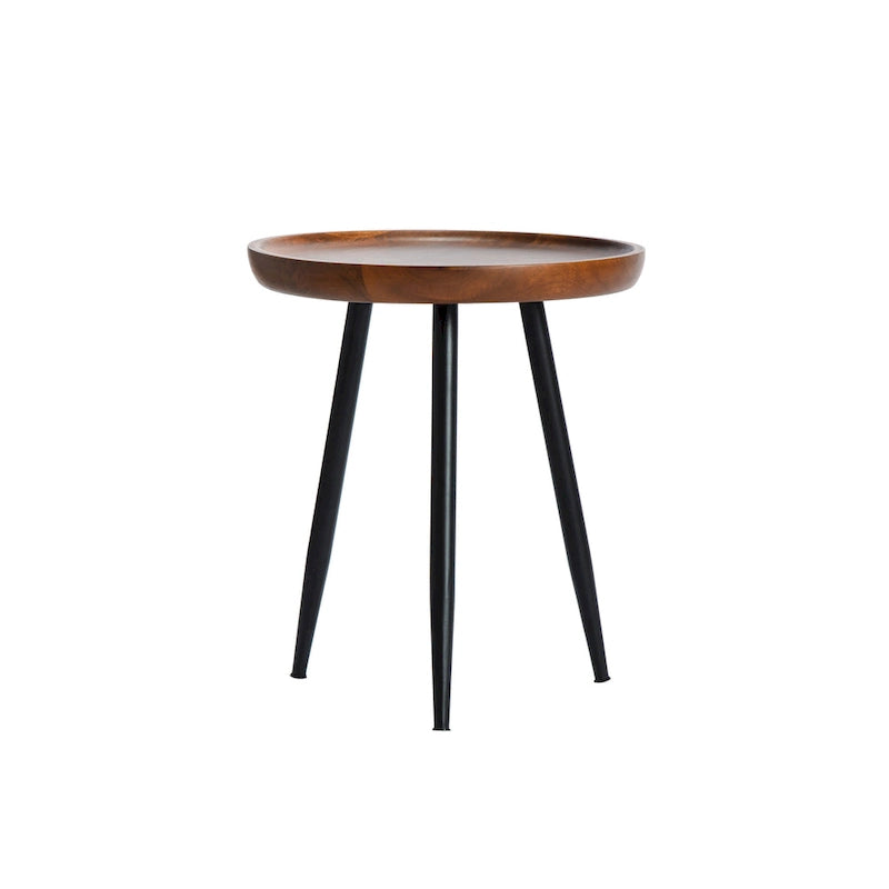 Table d'appoint ronde en manguier massif avec pieds coniques en métal noir, couleur naturelle