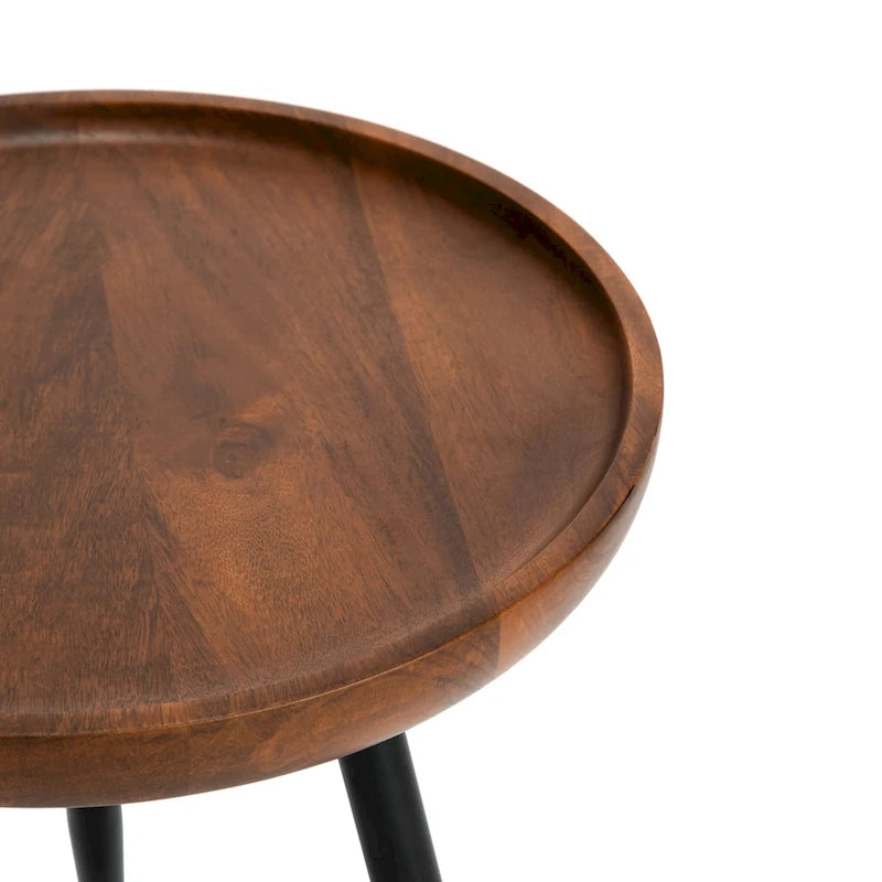 Table d'appoint ronde en manguier massif avec pieds coniques en métal noir, couleur naturelle