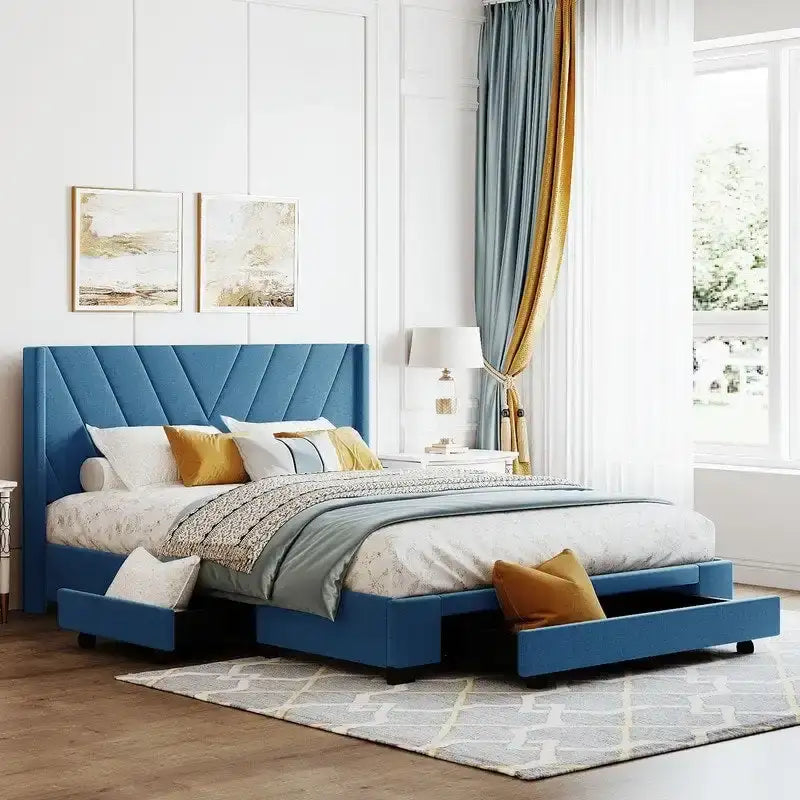 Linen Upholstered Queen Platform Bed Frame with Storage Drawers Blue