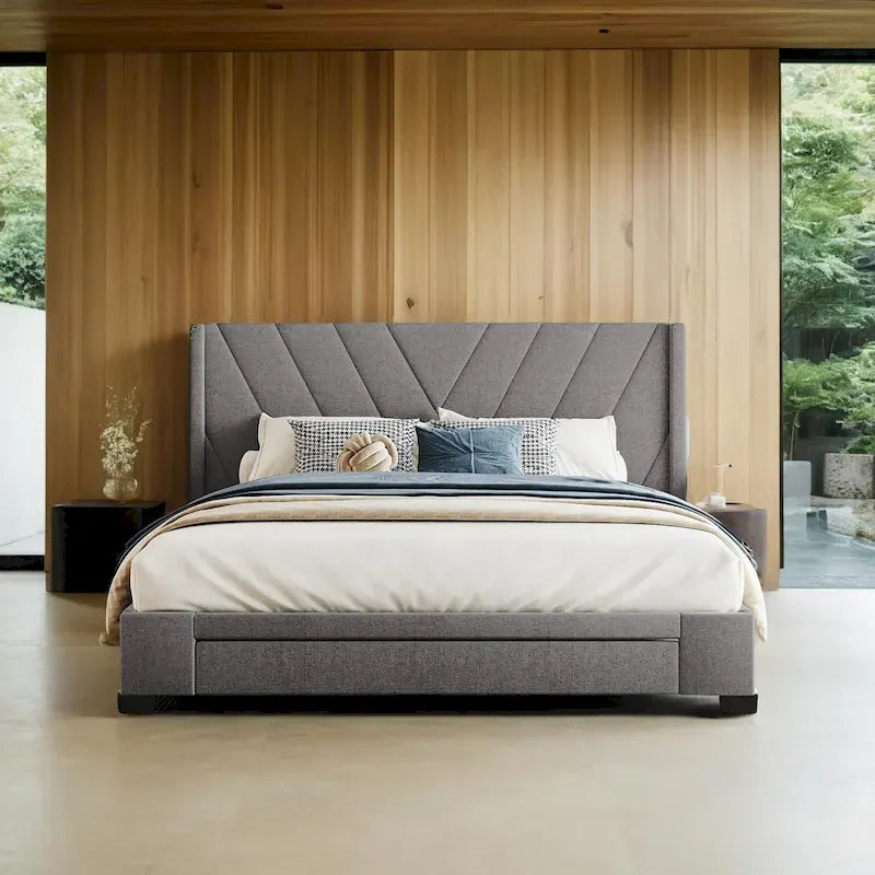Linen Upholstered Queen Platform Bed Frame with Storage Drawers Blue