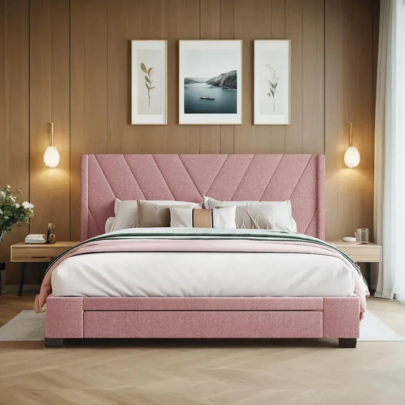 Linen Upholstered Queen Platform Bed Frame with Storage Drawers Blue