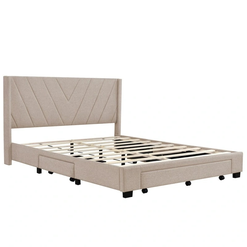 Linen Upholstered Queen Platform Bed Frame with Storage Drawers Blue