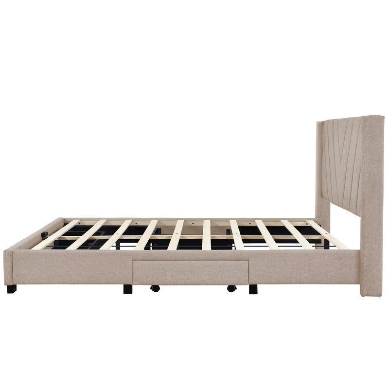Linen Upholstered Queen Platform Bed Frame with Storage Drawers Blue