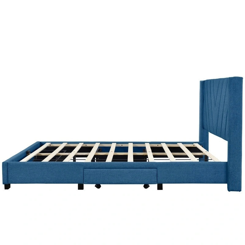 Cadre de lit plateforme Queen en lin rembourré avec tiroirs de rangement bleu