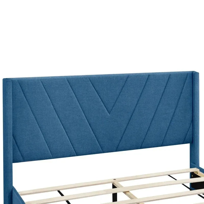 Cadre de lit plateforme Queen en lin rembourré avec tiroirs de rangement bleu