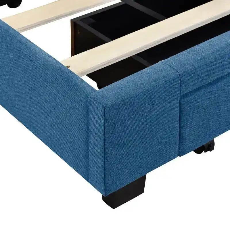 Cadre de lit plateforme Queen en lin rembourré avec tiroirs de rangement bleu