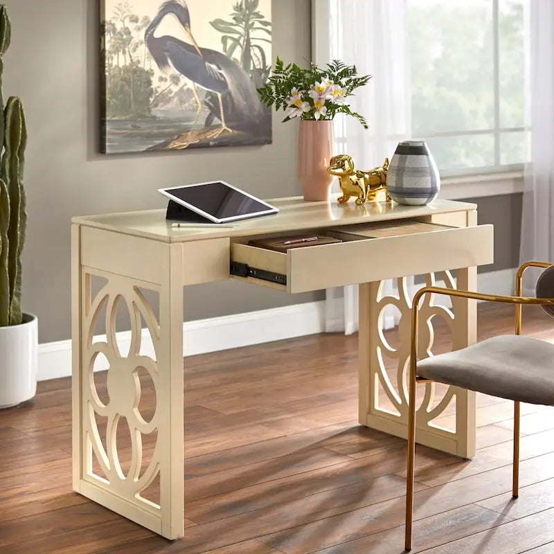 Antique White Wood Writing Desk with Geometric Floral Cut-Out Legs and Drawer