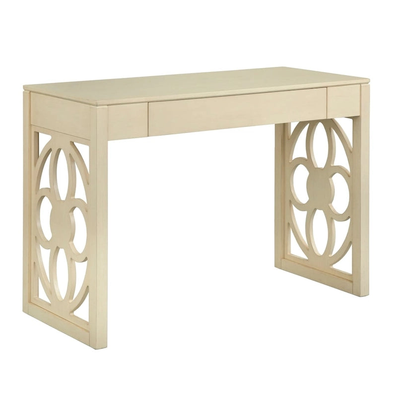 Antique White Wood Writing Desk with Geometric Floral Cut-Out Legs and Drawer