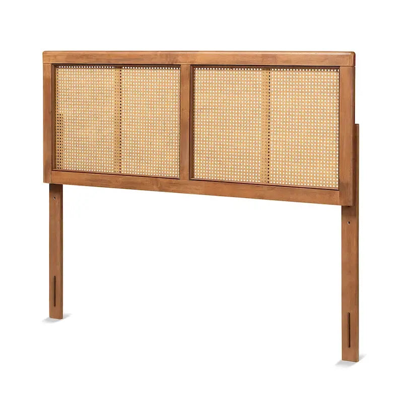 Mid-Century Ash Walnut Rubberwood and Woven Rattan Bed Headboard