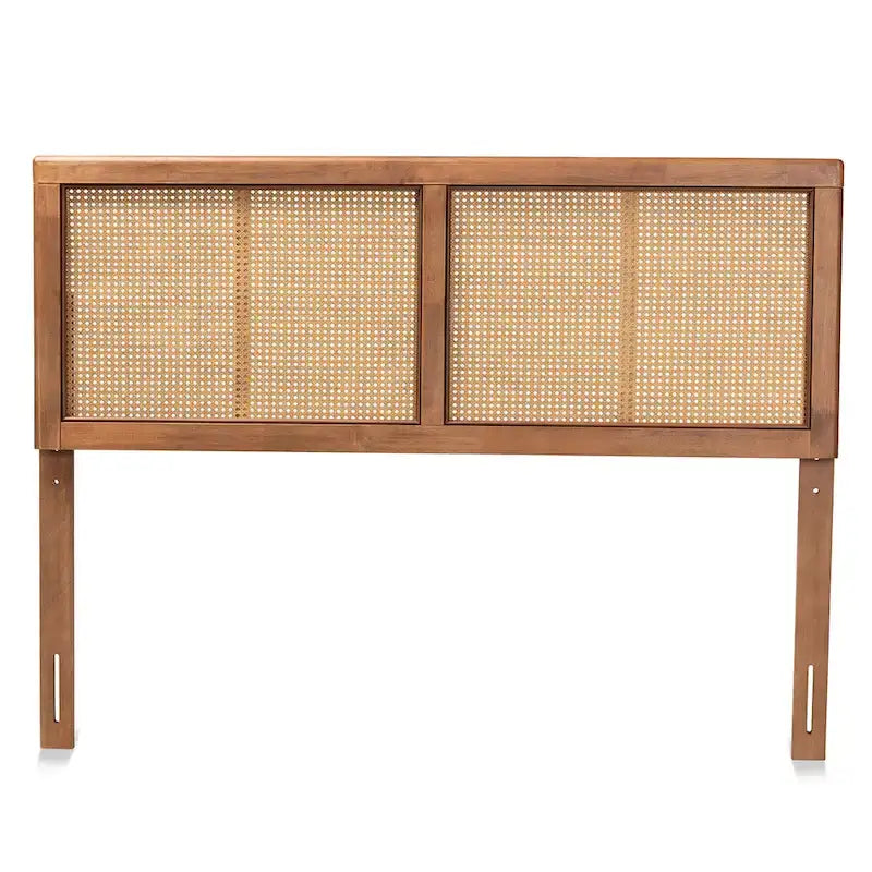 Mid-Century Ash Walnut Rubberwood and Woven Rattan Bed Headboard