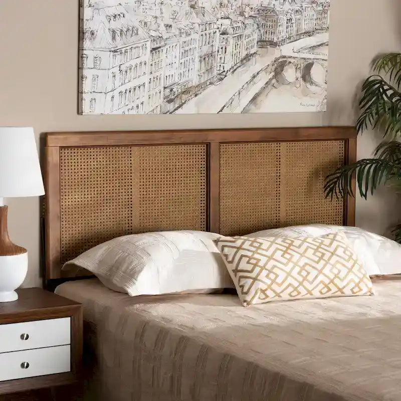Mid-Century Ash Walnut Rubberwood and Woven Rattan Bed Headboard