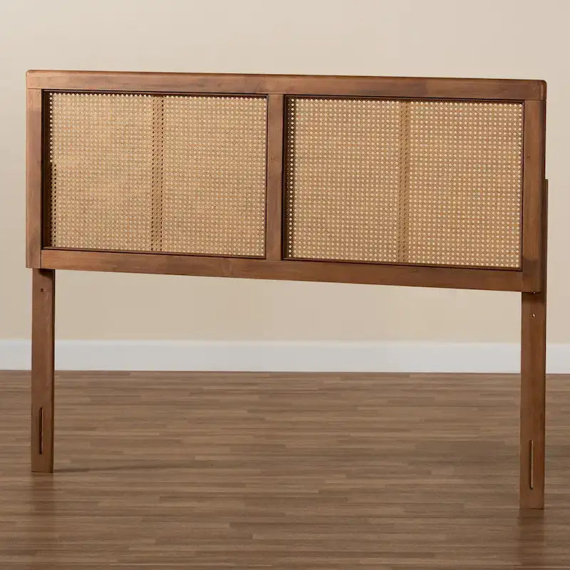 Mid-Century Ash Walnut Rubberwood and Woven Rattan Bed Headboard