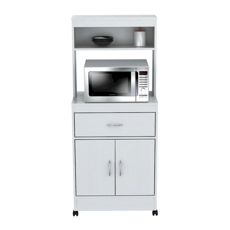 White Microwave Cart with Open Shelves Drawer and Cabinet Storage