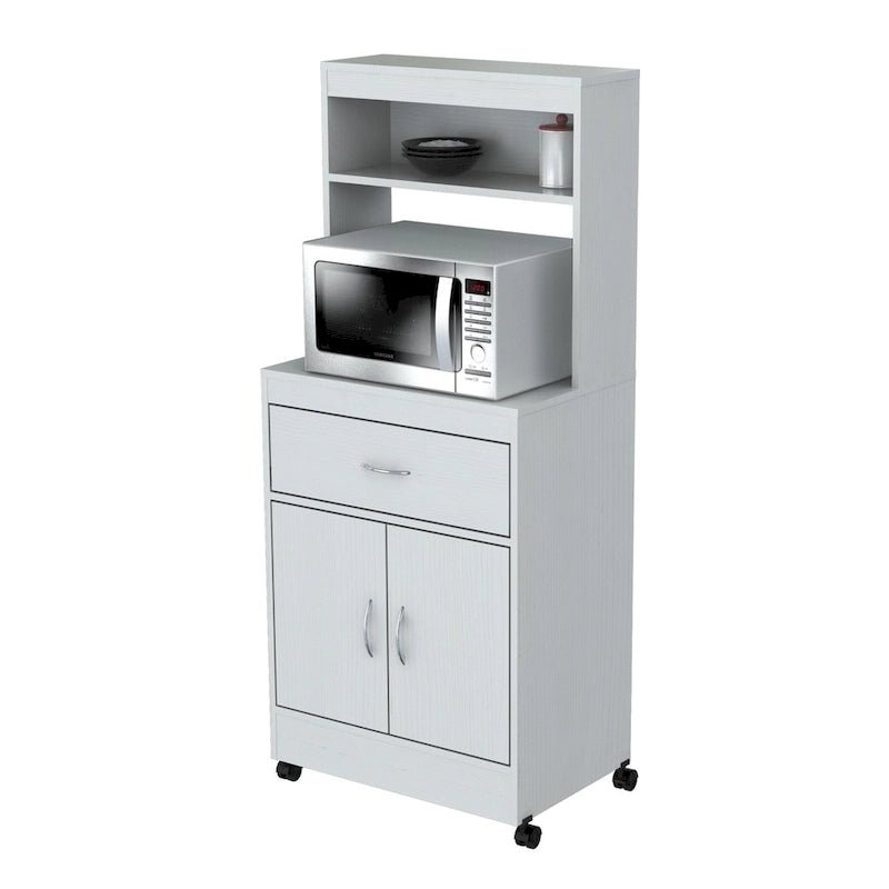 White Microwave Cart with Open Shelves Drawer and Cabinet Storage
