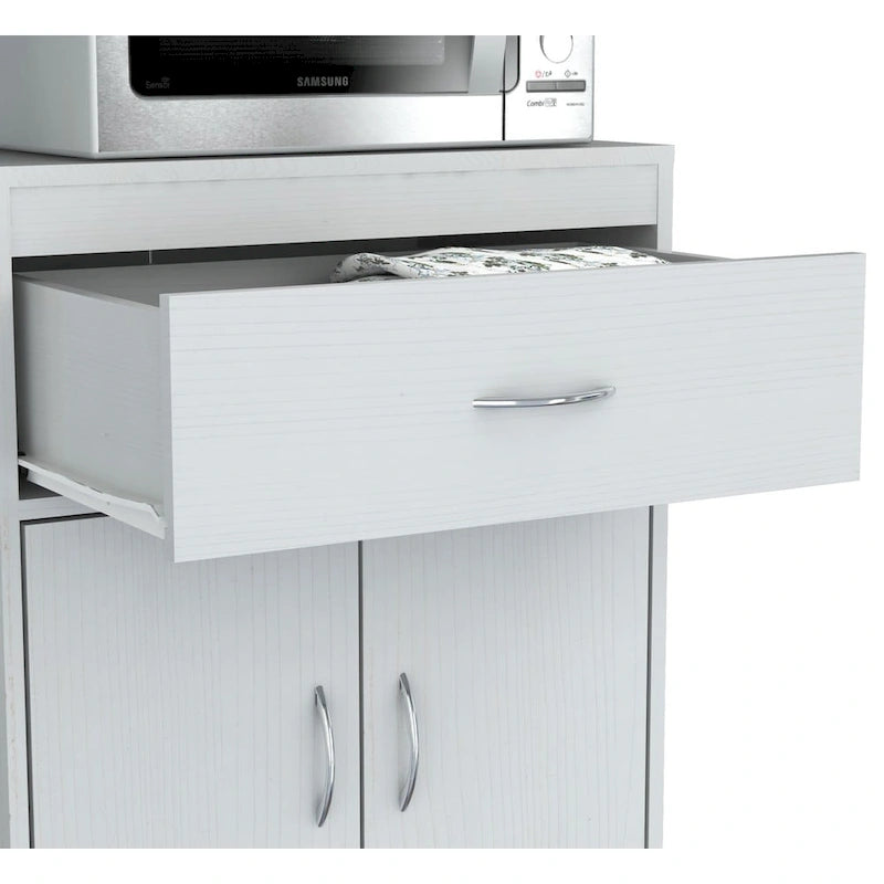 Chariot de micro-ondes blanc avec étagères ouvertes, tiroir et placard de rangement