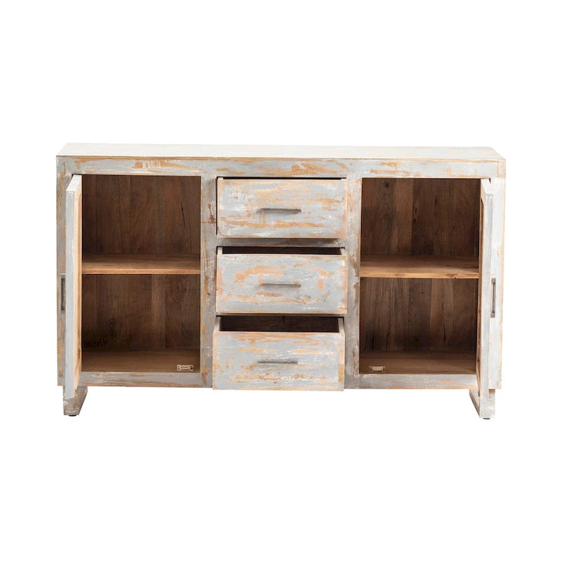 Grey Whitewashed Hand Distressed Wood Sideboard with Storage Drawers and Cabinets