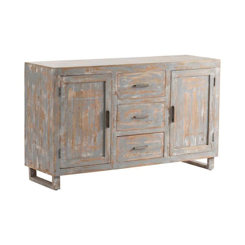 Grey Whitewashed Hand Distressed Wood Sideboard with Storage Drawers and Cabinets