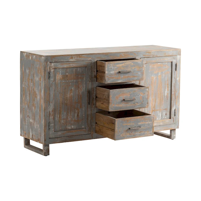 Grey Whitewashed Hand Distressed Wood Sideboard with Storage Drawers and Cabinets